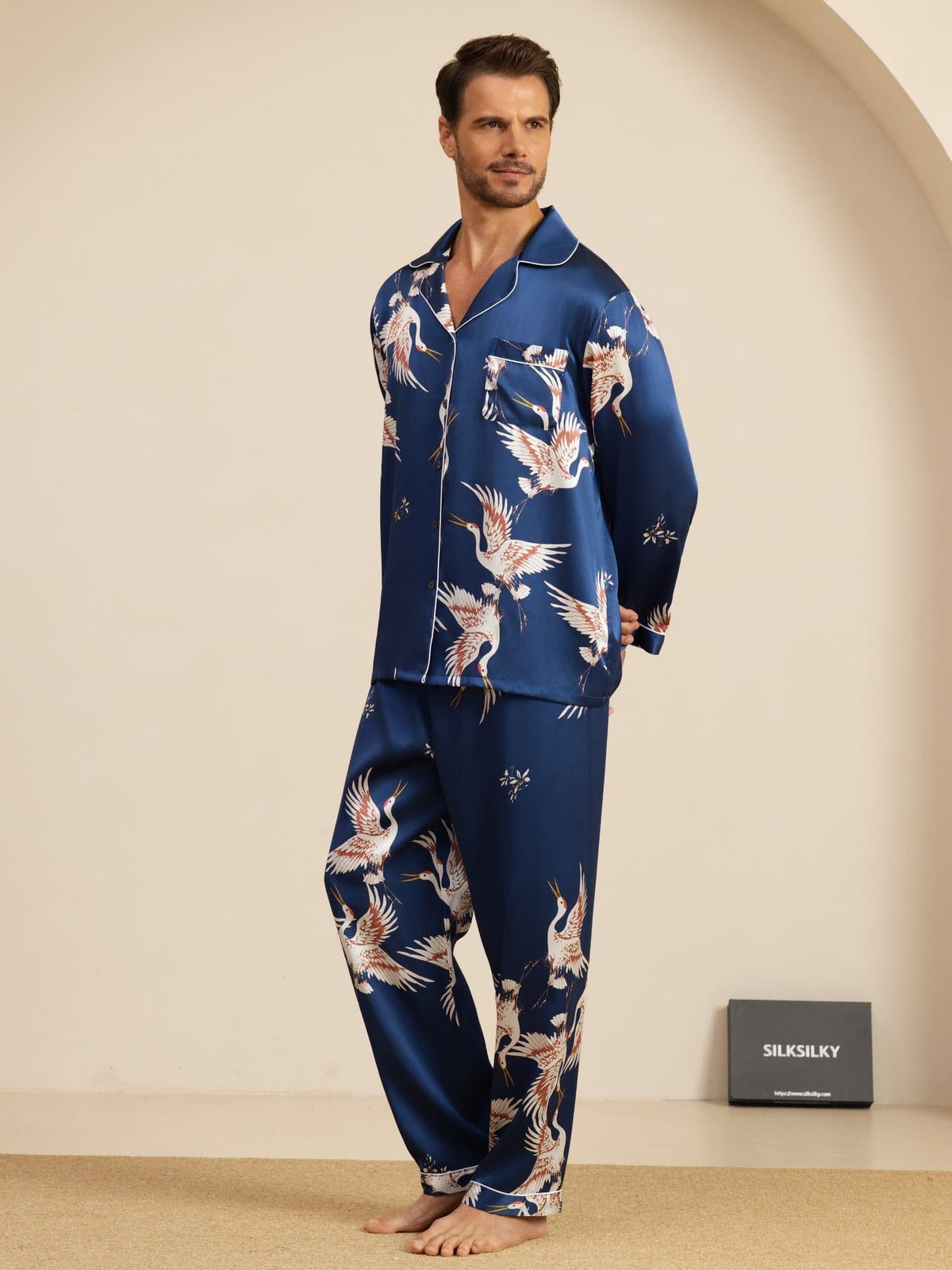 Conjunto de Pijamas para Hombre Estampado de Grúa Seda Pura 19Momme Manga Larga Cuello Notch