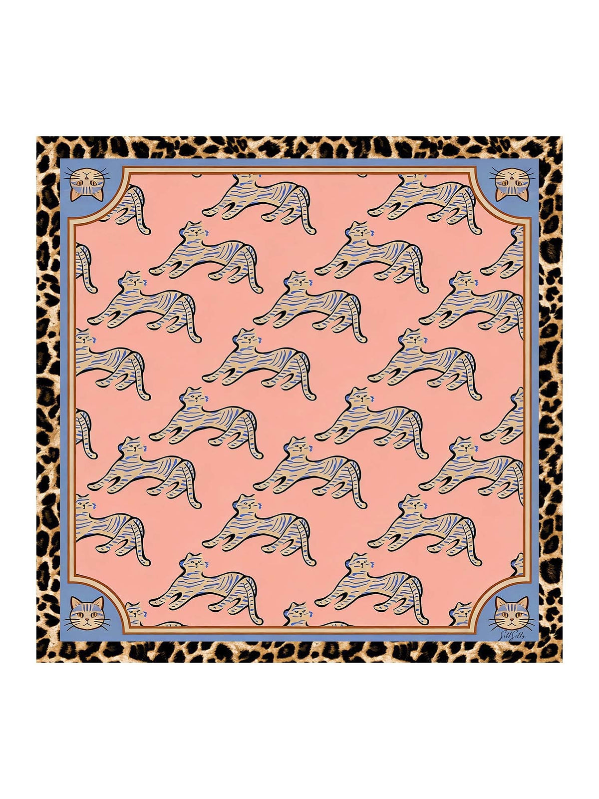 Pañuelo De Seda De Morera 100 Por Ciento Con Estampado De Gato Tamaño 90 x 90 cm