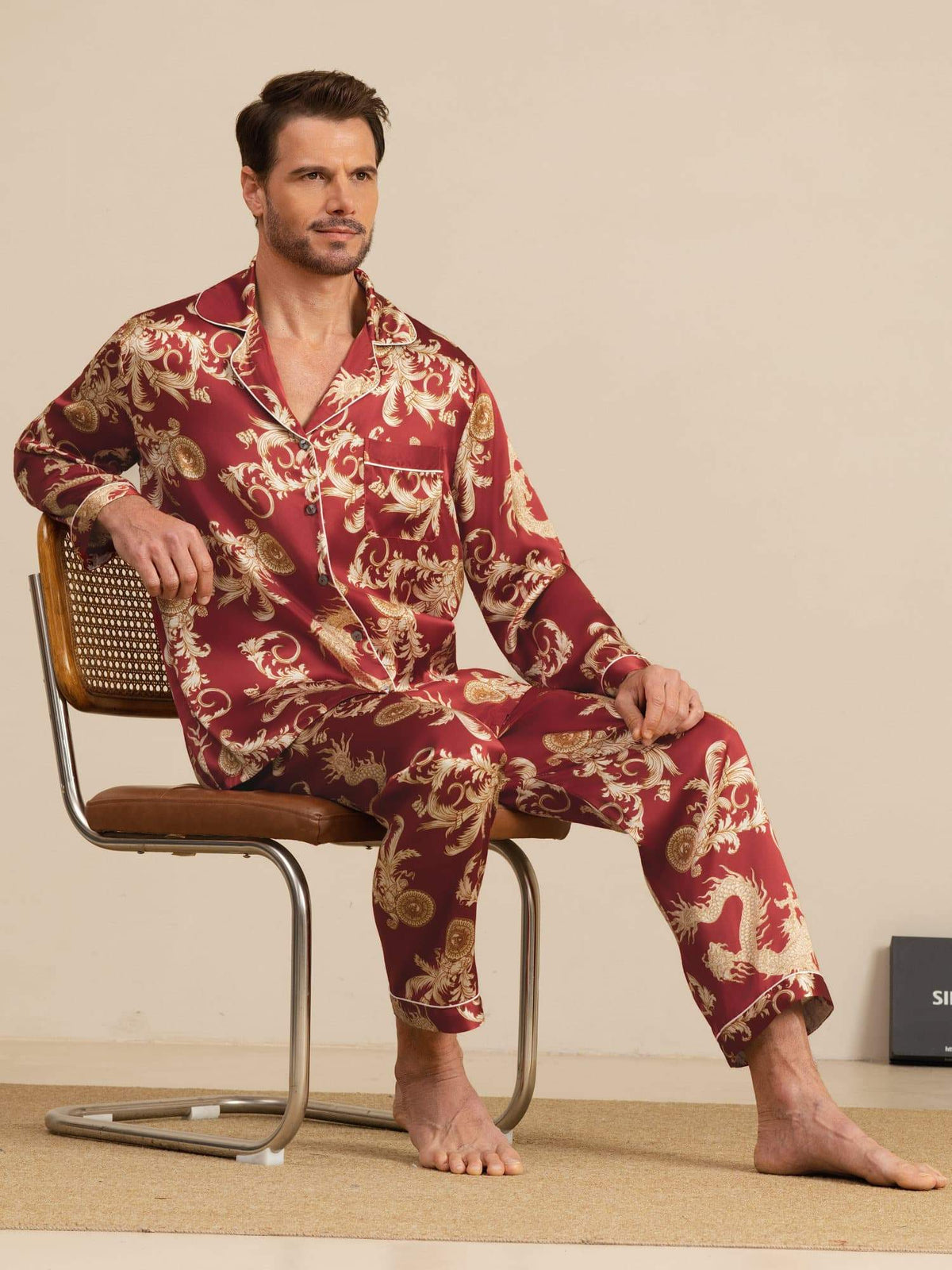 Pure Seda Hombre Estampado Dragón Manga Larga Cuello Notch Conjunto Pijama