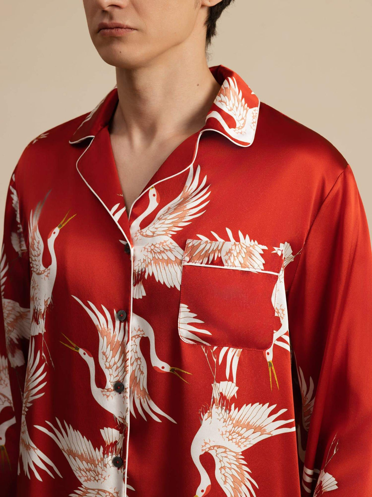 Conjunto de Pijamas para Hombre Estampado de Grúa Seda Pura 19Momme Manga Larga Cuello Notch