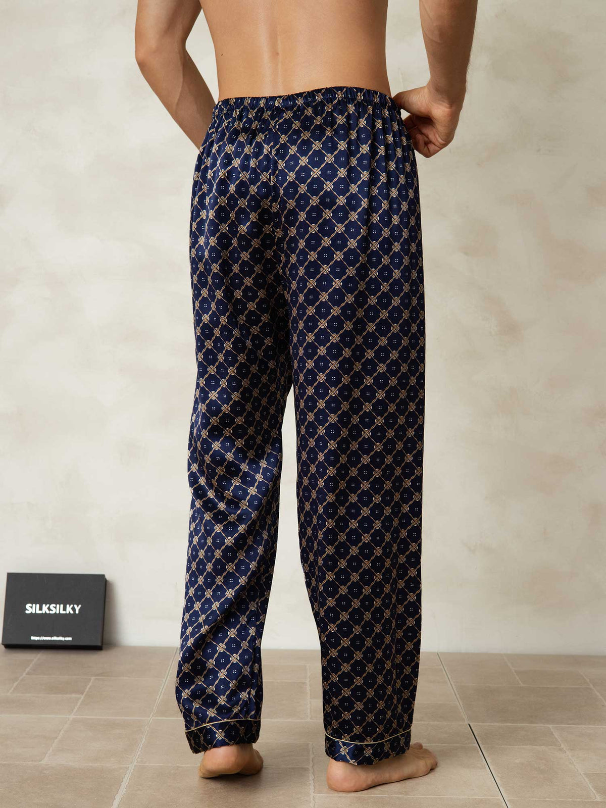 Pantalones De Dormir Para Hombre De Seda Pura Con Estampado De Cadenas Azul Marino Y Cintura Elástica