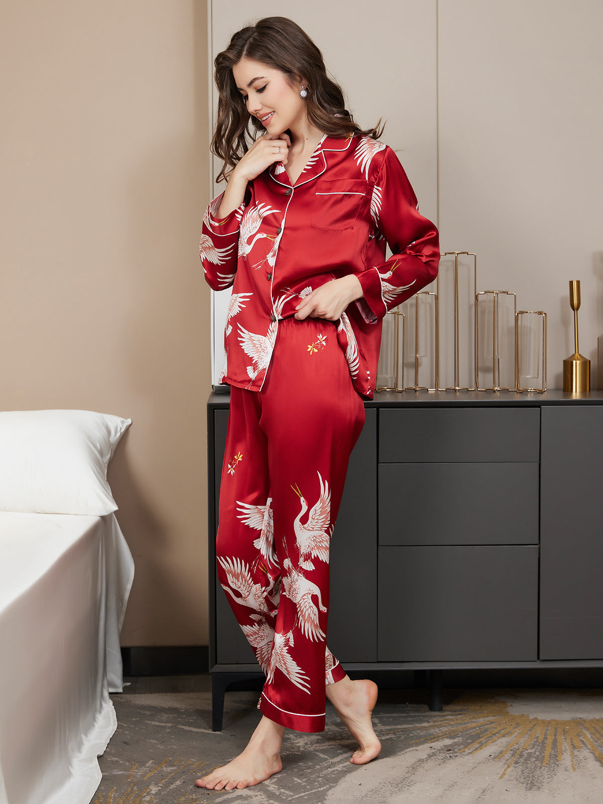 Pijama De Mujer De Seda Pura 19Momme Con Estampado De Grulla Y Cuello Con Solapa De Manga Larga