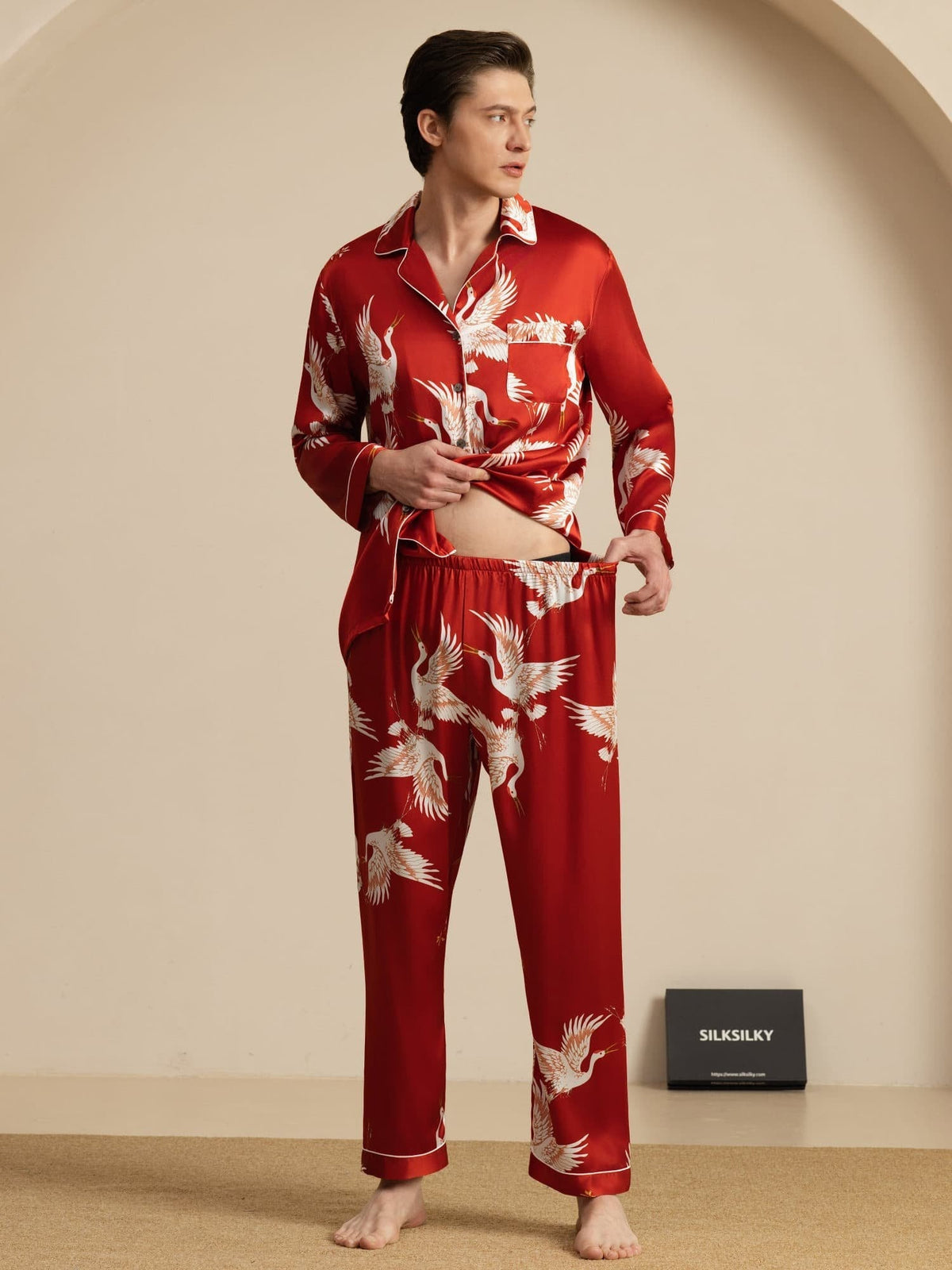 Conjunto de Pijamas para Hombre Estampado de Grúa Seda Pura 19Momme Manga Larga Cuello Notch