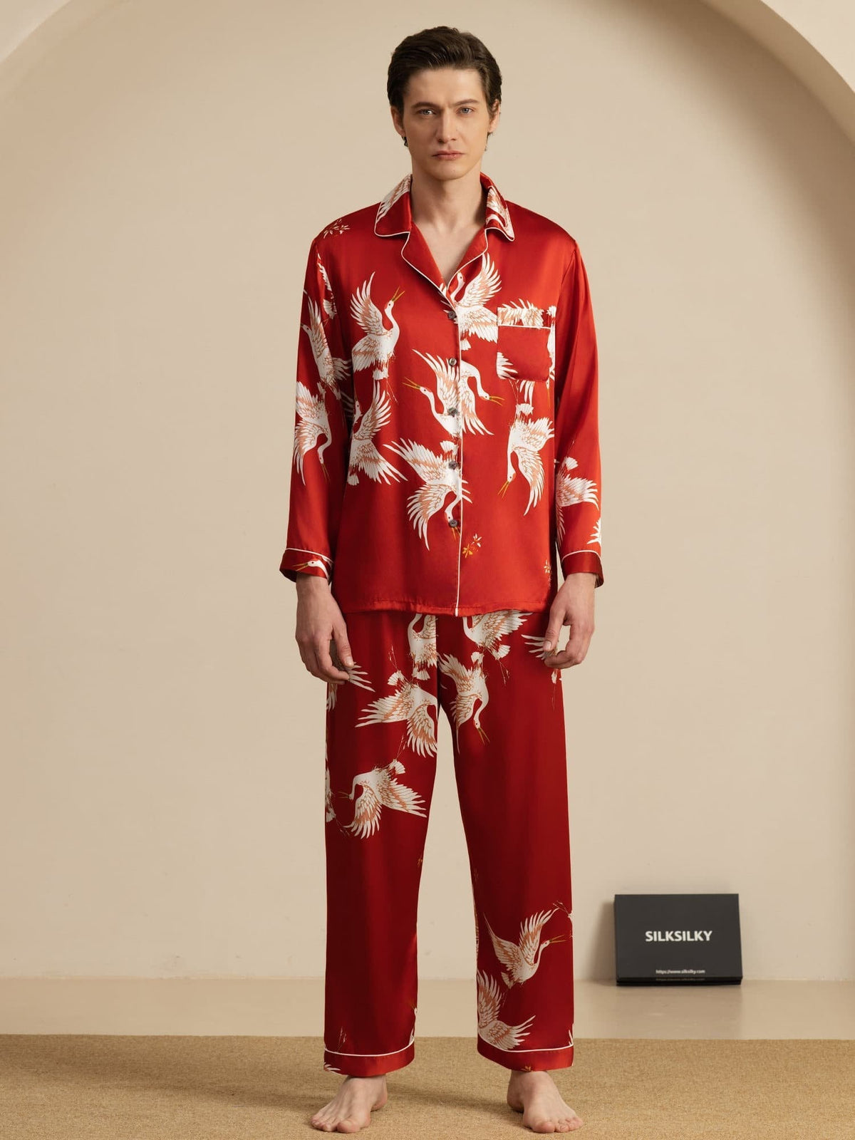 Conjunto de Pijamas para Hombre Estampado de Grúa Seda Pura 19Momme Manga Larga Cuello Notch