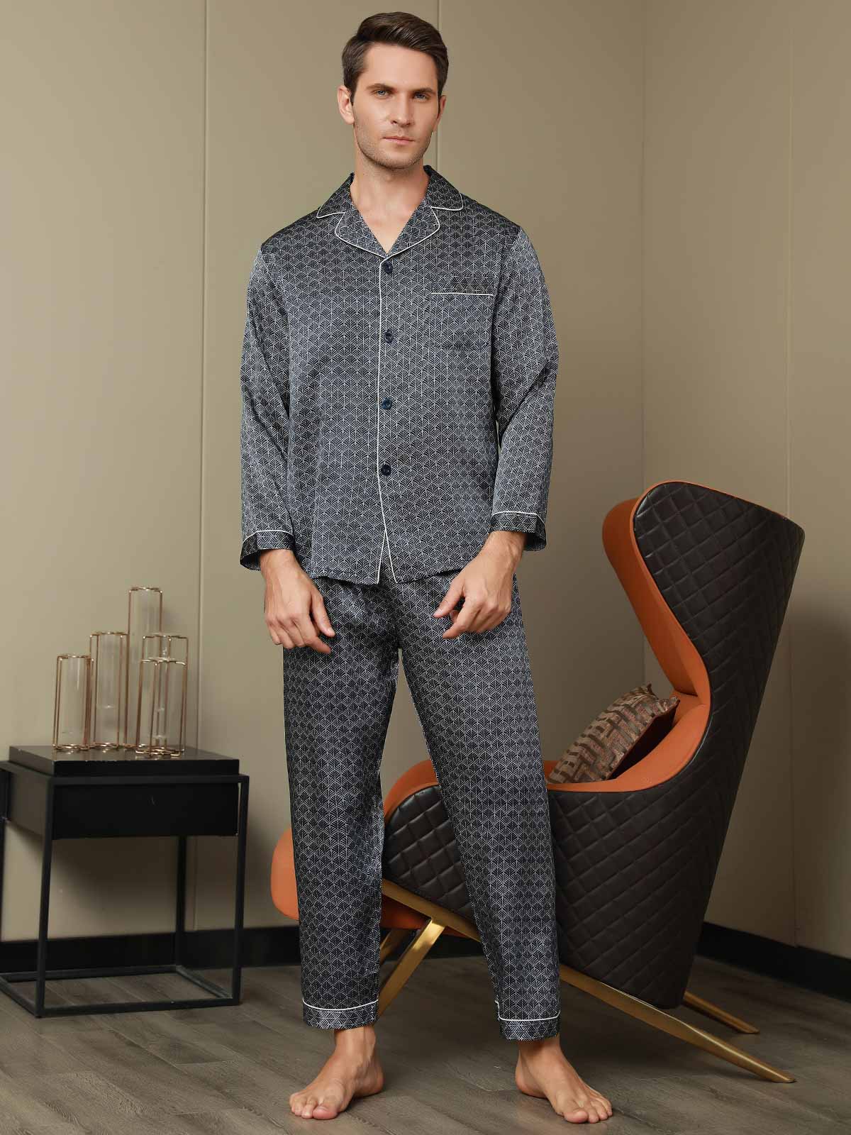 Conjunto De Pijama Para Hombre De Seda Pura Con Estampado De Ginkgo Azul Marino Manga Larga Y Pantalones