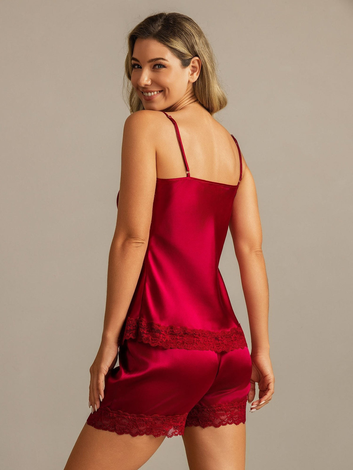Seda Pura Adorno De Encaje Tirantes Finos Escote En V Conjunto De Camiseta Sexy