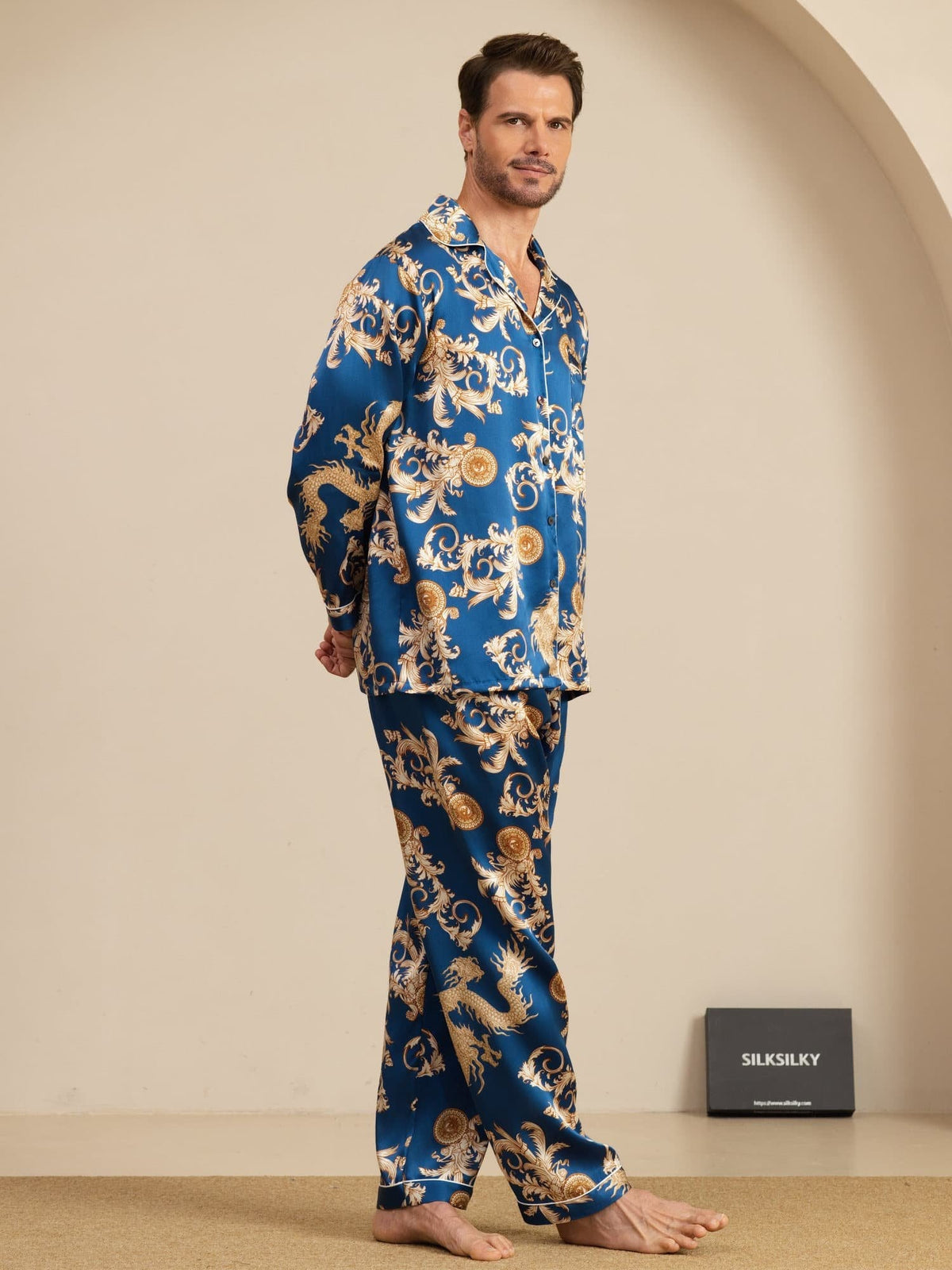 Pure Seda Hombre Estampado Dragón Manga Larga Cuello Notch Conjunto Pijama