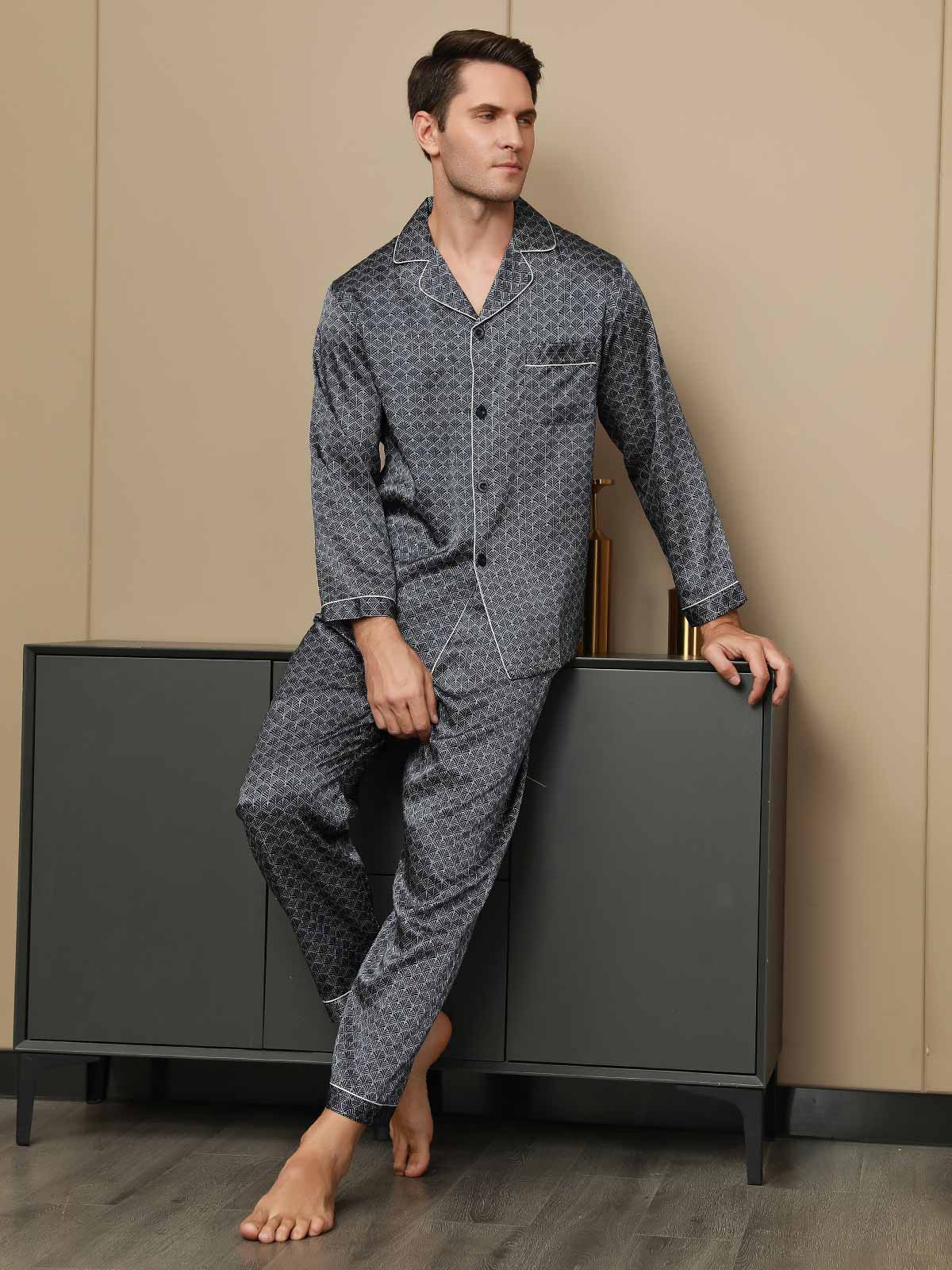 Conjunto De Pijama Para Hombre De Seda Pura Con Estampado De Ginkgo Azul Marino Manga Larga Y Pantalones