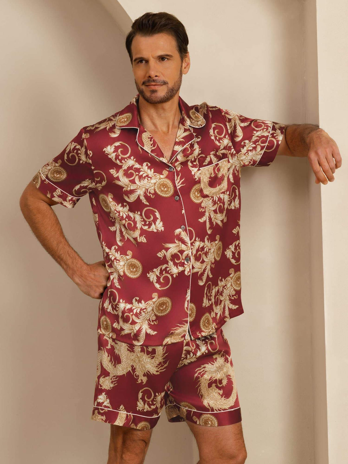 Pure Seda Hombre Estampado Dragón Manga Corta Cuello Notch Conjunto Pijama