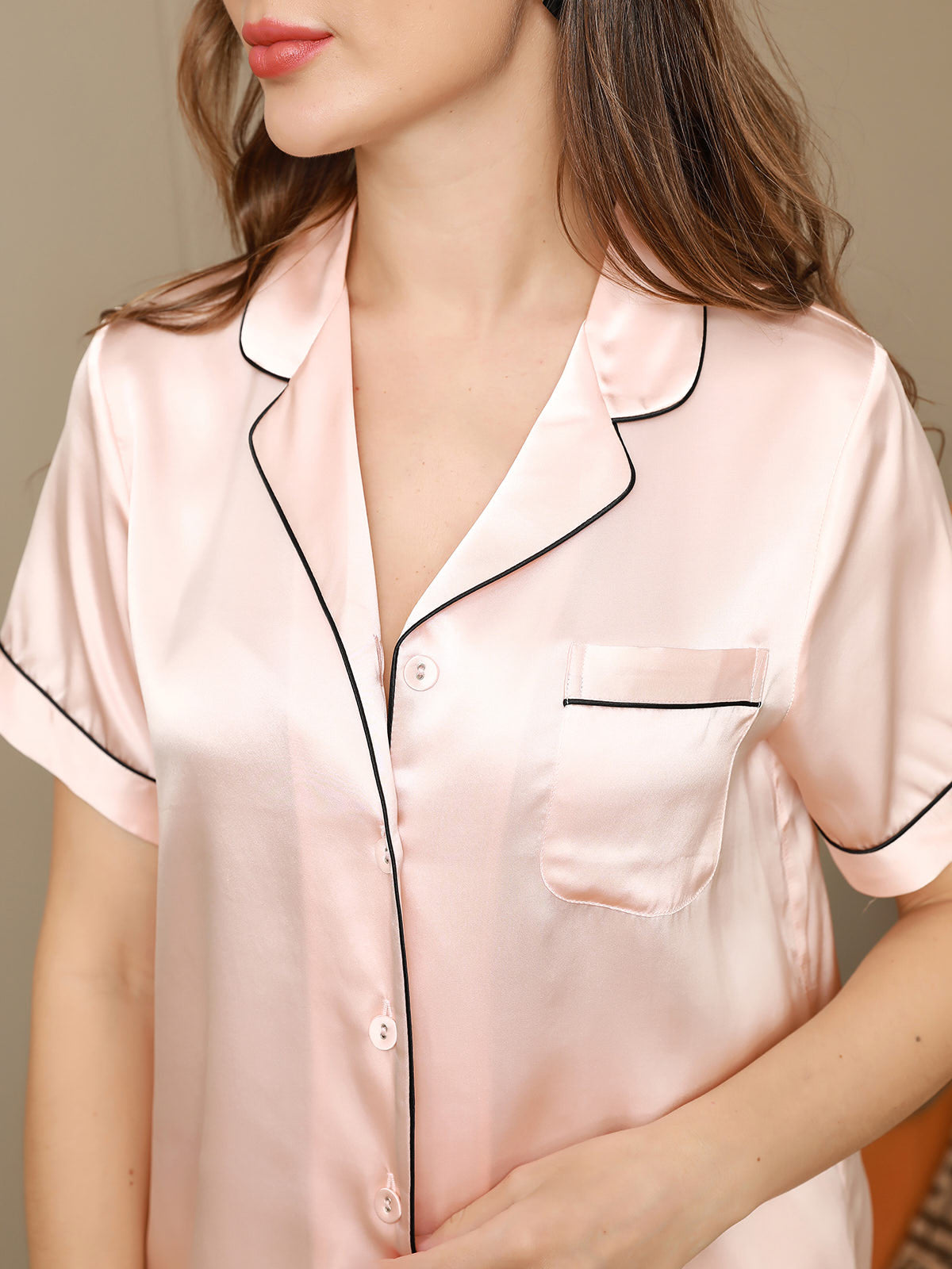 Pijama De Manga Corta De Seda 100% De Morera Para Mujer