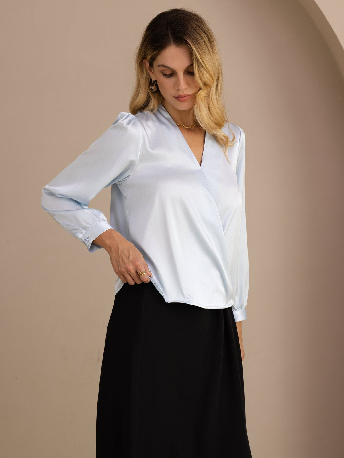 Blusa De Seda Mujer 19 Momme Con Escote Cruzado Y Manga Larga