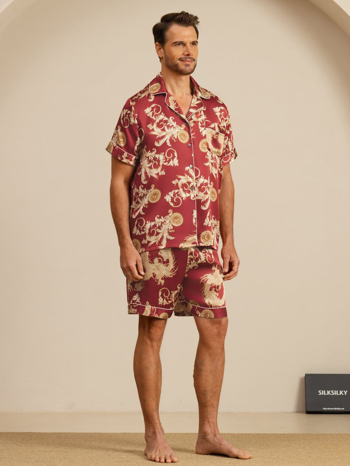 Pure Seda Hombre Estampado Dragón Manga Corta Cuello Notch Conjunto Pijama