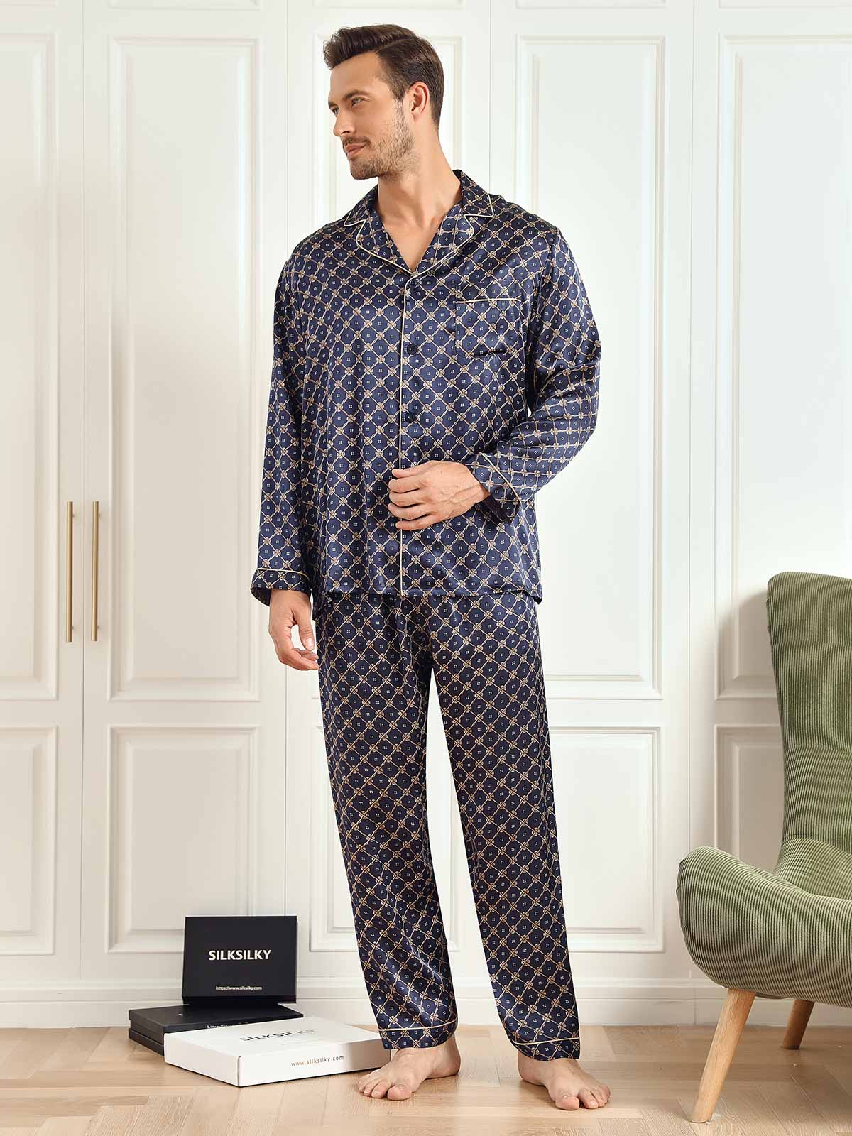 Conjunto De Pijama De Hombre De Seda Pura Con Estampado De Cadena Azul Marino Manga Larga Con Pantalón