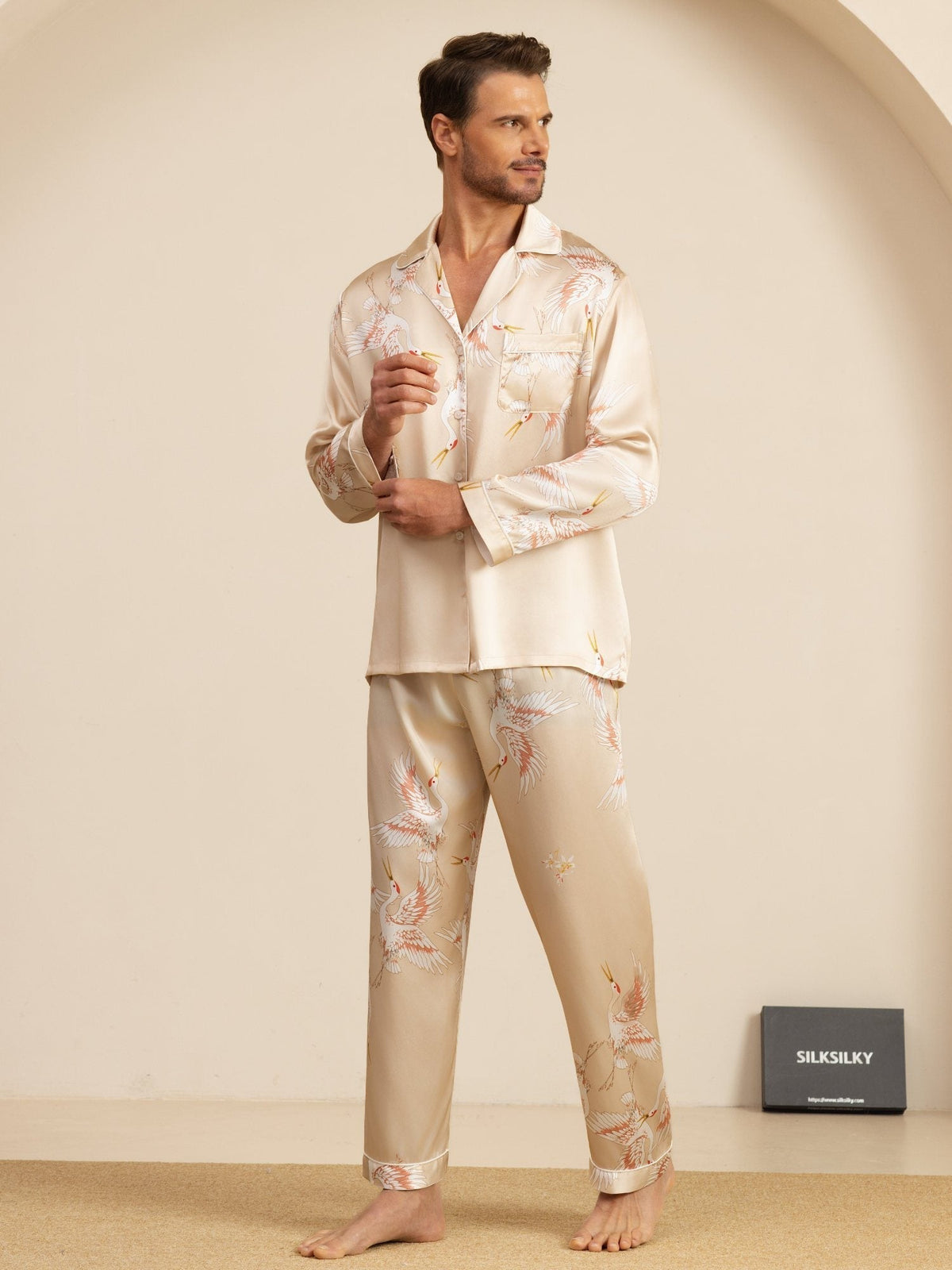Conjunto de Pijamas para Hombre Estampado de Grúa Seda Pura 19Momme Manga Larga Cuello Notch