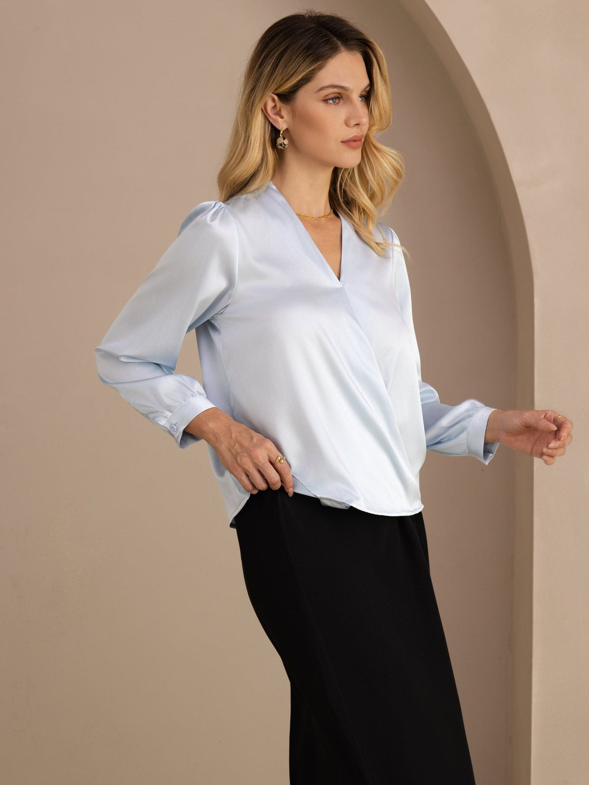 Blusa De Seda Mujer 19 Momme Con Escote Cruzado Y Manga Larga