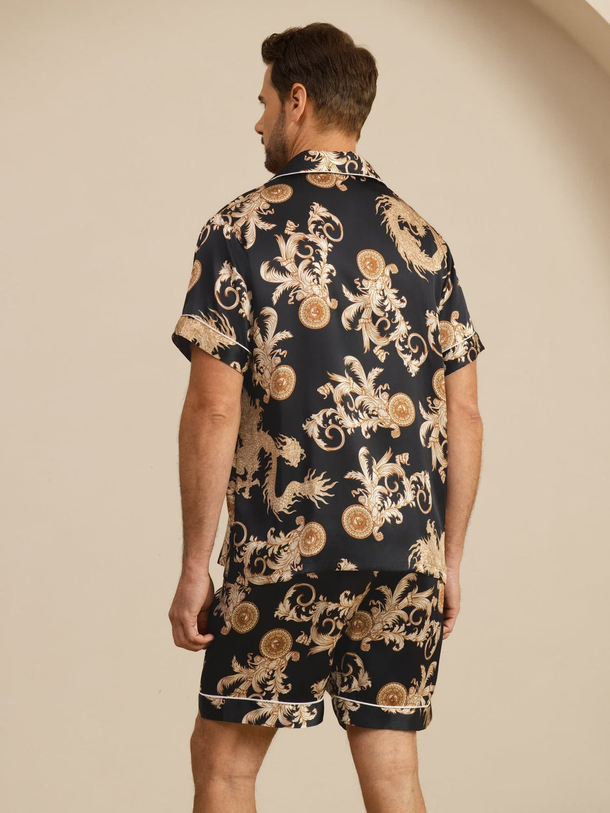Pure Seda Hombre Estampado Dragón Manga Corta Cuello Notch Conjunto Pijama