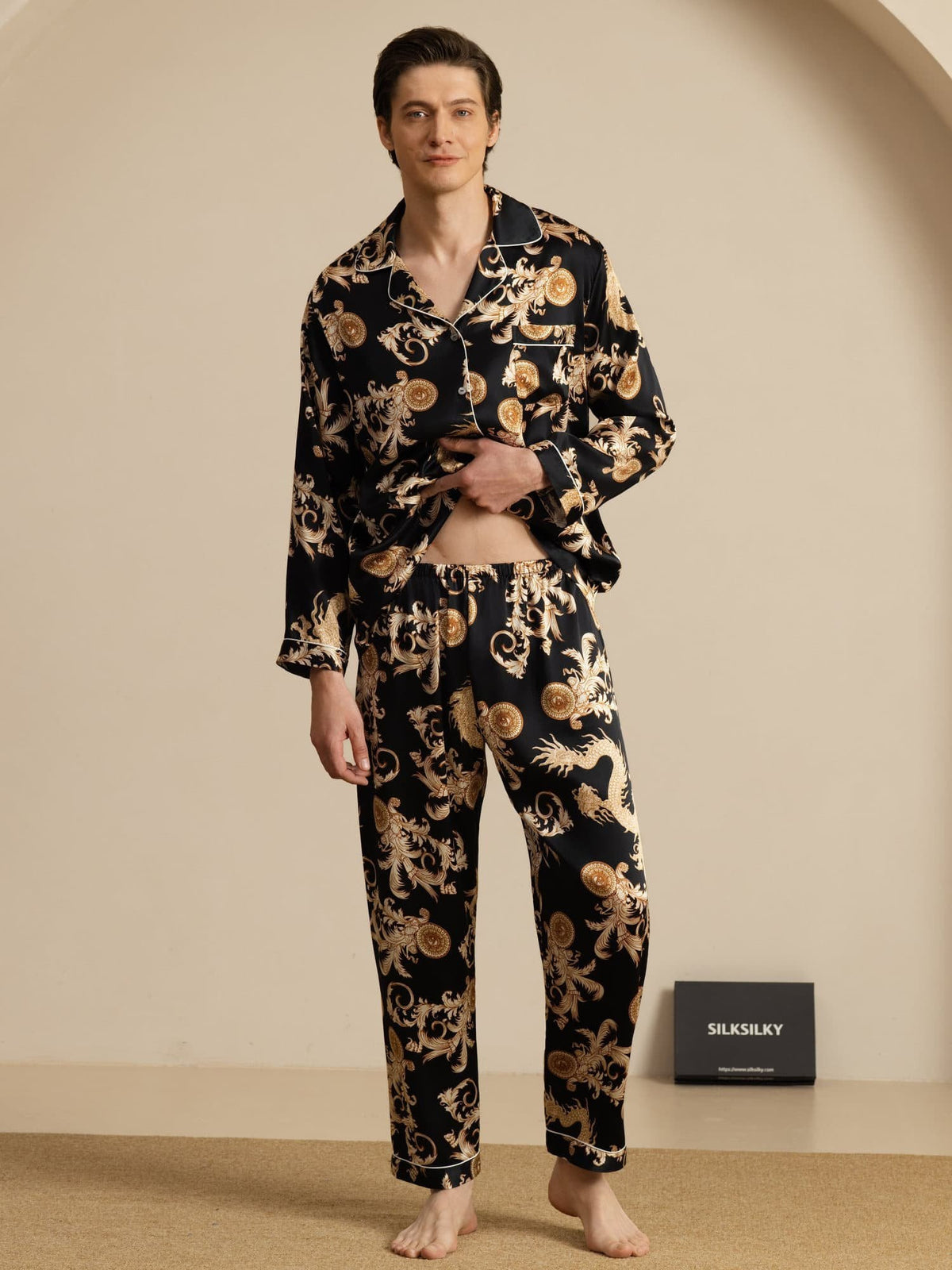 Pure Seda Hombre Estampado Dragón Manga Larga Cuello Notch Conjunto Pijama