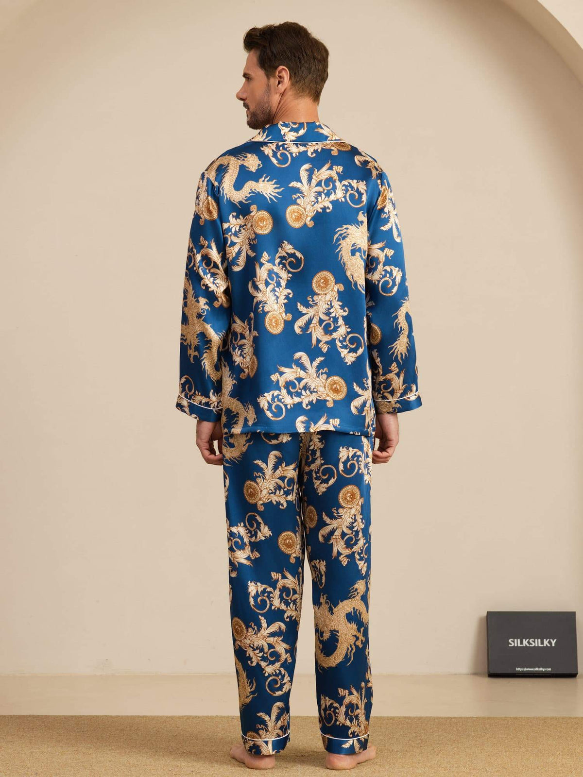 Pure Seda Hombre Estampado Dragón Manga Larga Cuello Notch Conjunto Pijama