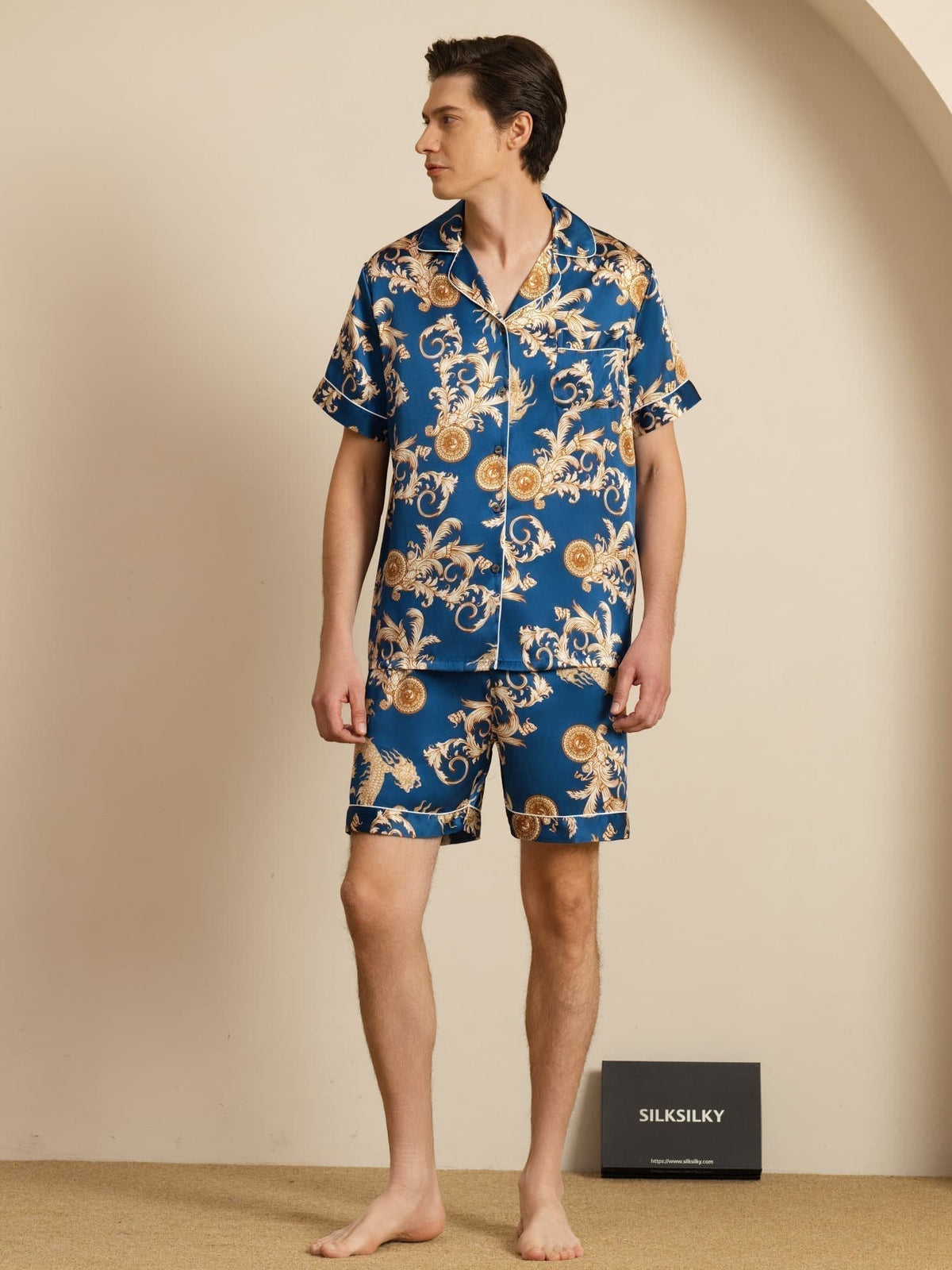Pure Seda Hombre Estampado Dragón Manga Corta Cuello Notch Conjunto Pijama