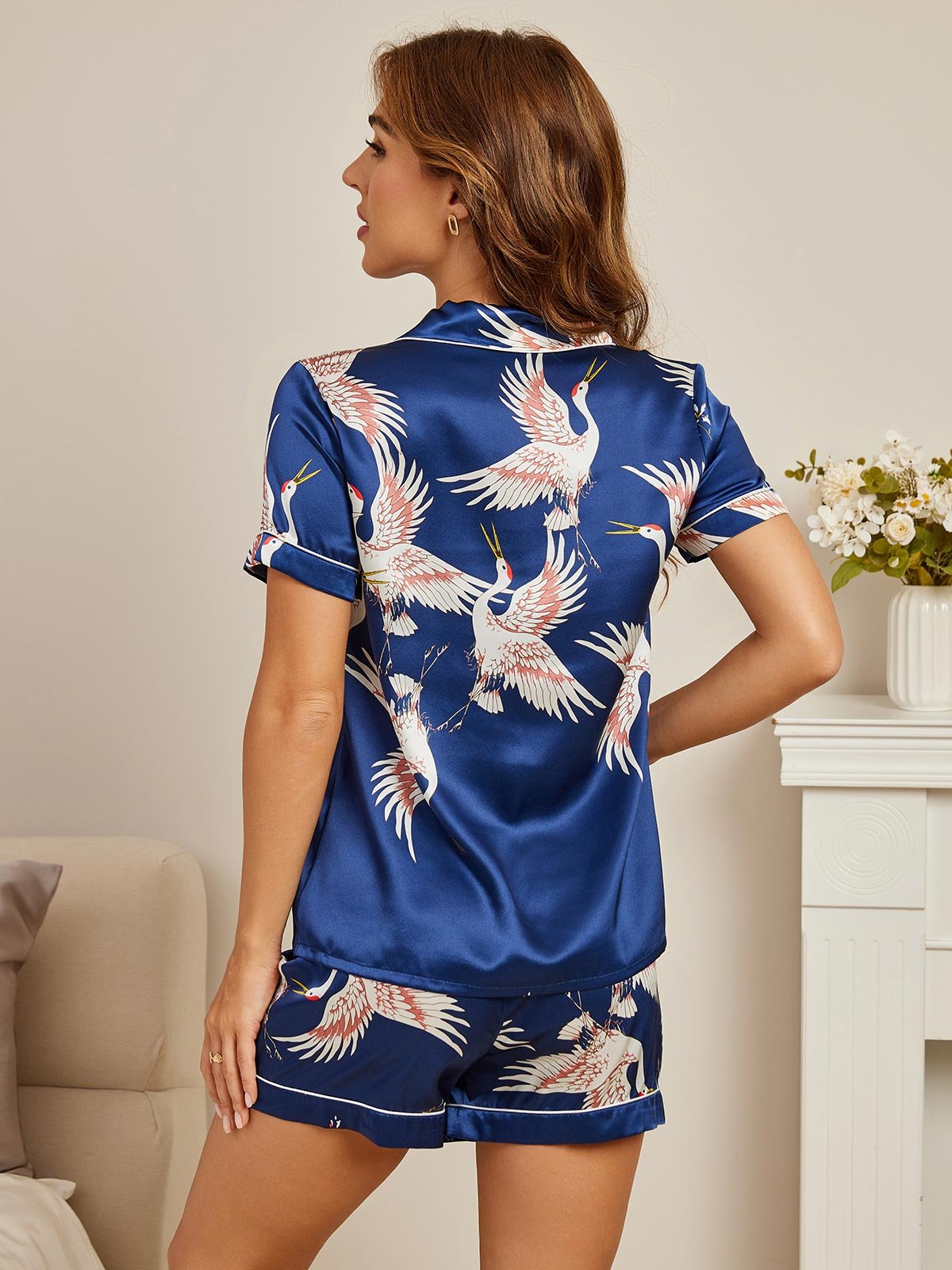 19Momme Conjunto De Pijama Para Mujer En Seda Pura Manga Corta Cuello Notch Estampado De Grulla