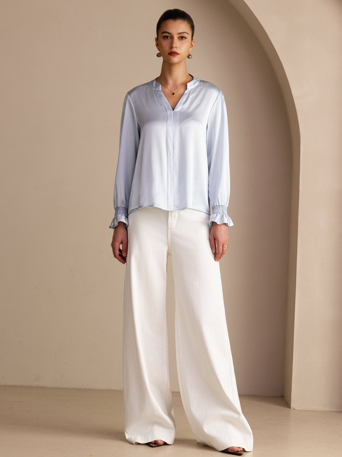 Blusa De Seda Mujer 19 Momme Con Escote Abierto Y Manga Larga