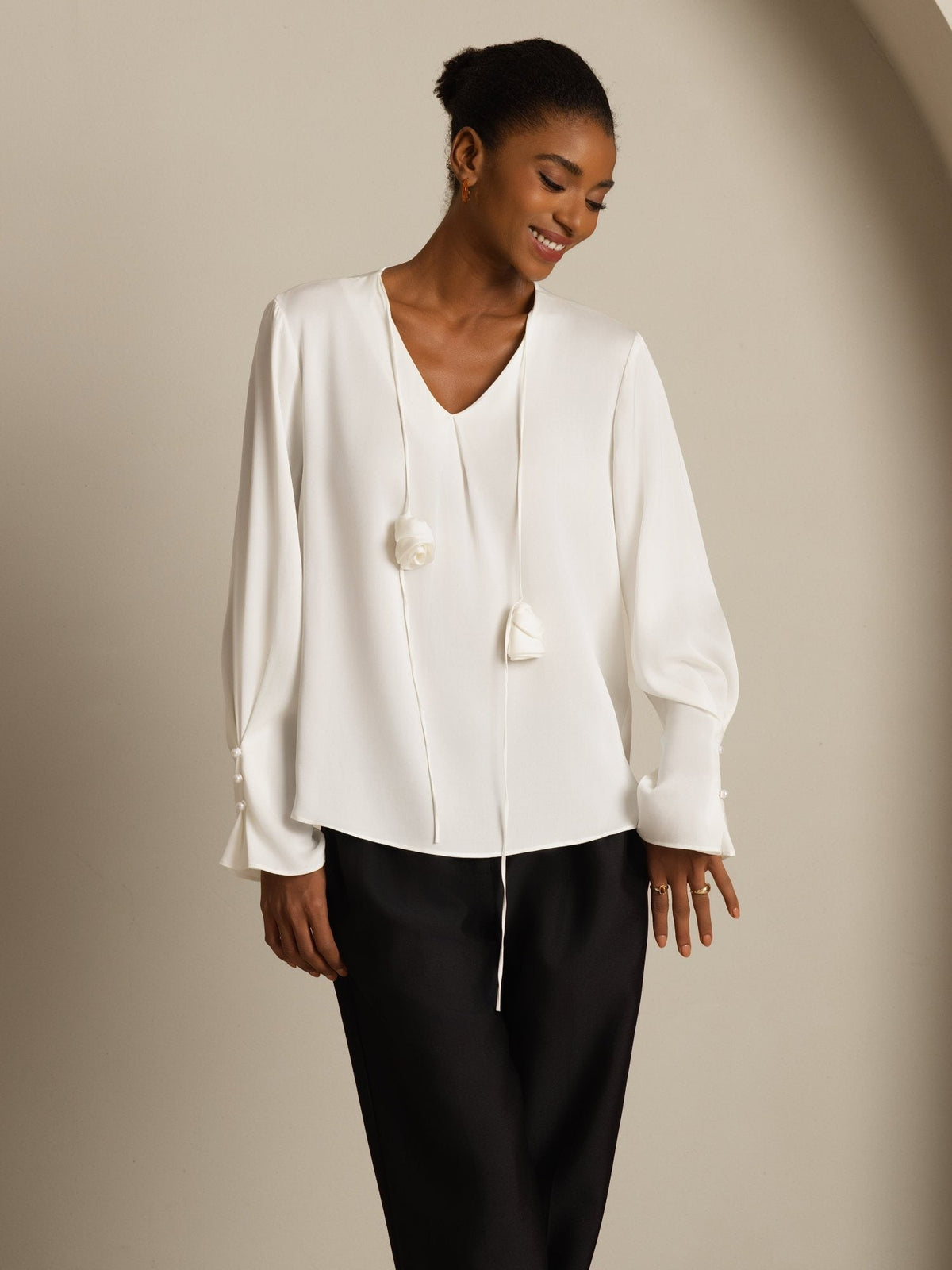 Blusa De Seda Para Mujer 19Momme Con Cuello En V De Manga Larga Con Detalle De Rosa 3D
