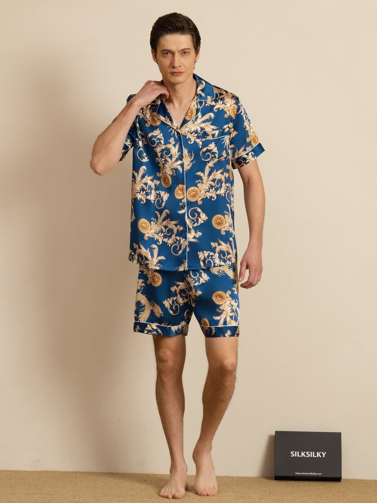Pure Seda Hombre Estampado Dragón Manga Corta Cuello Notch Conjunto Pijama