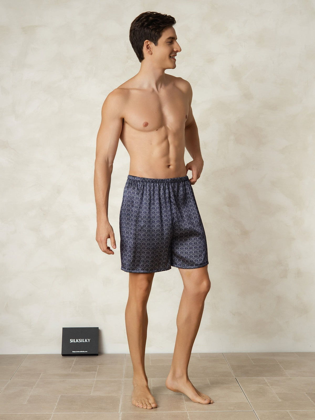 Pantalones Cortos De Dormir Para Hombre Pure Silk Ginkgo Azul Marino Estampado Cintura Elástica