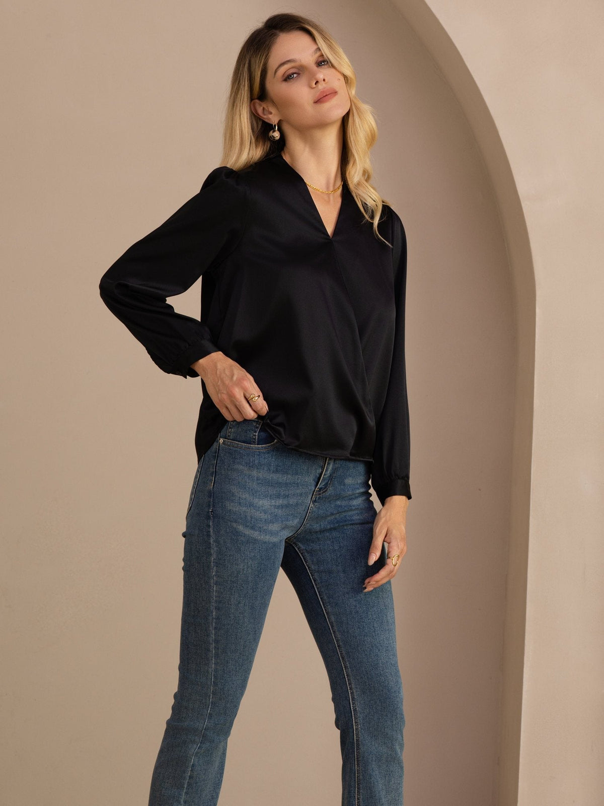 Blusa De Seda Mujer 19 Momme Con Escote Cruzado Y Manga Larga