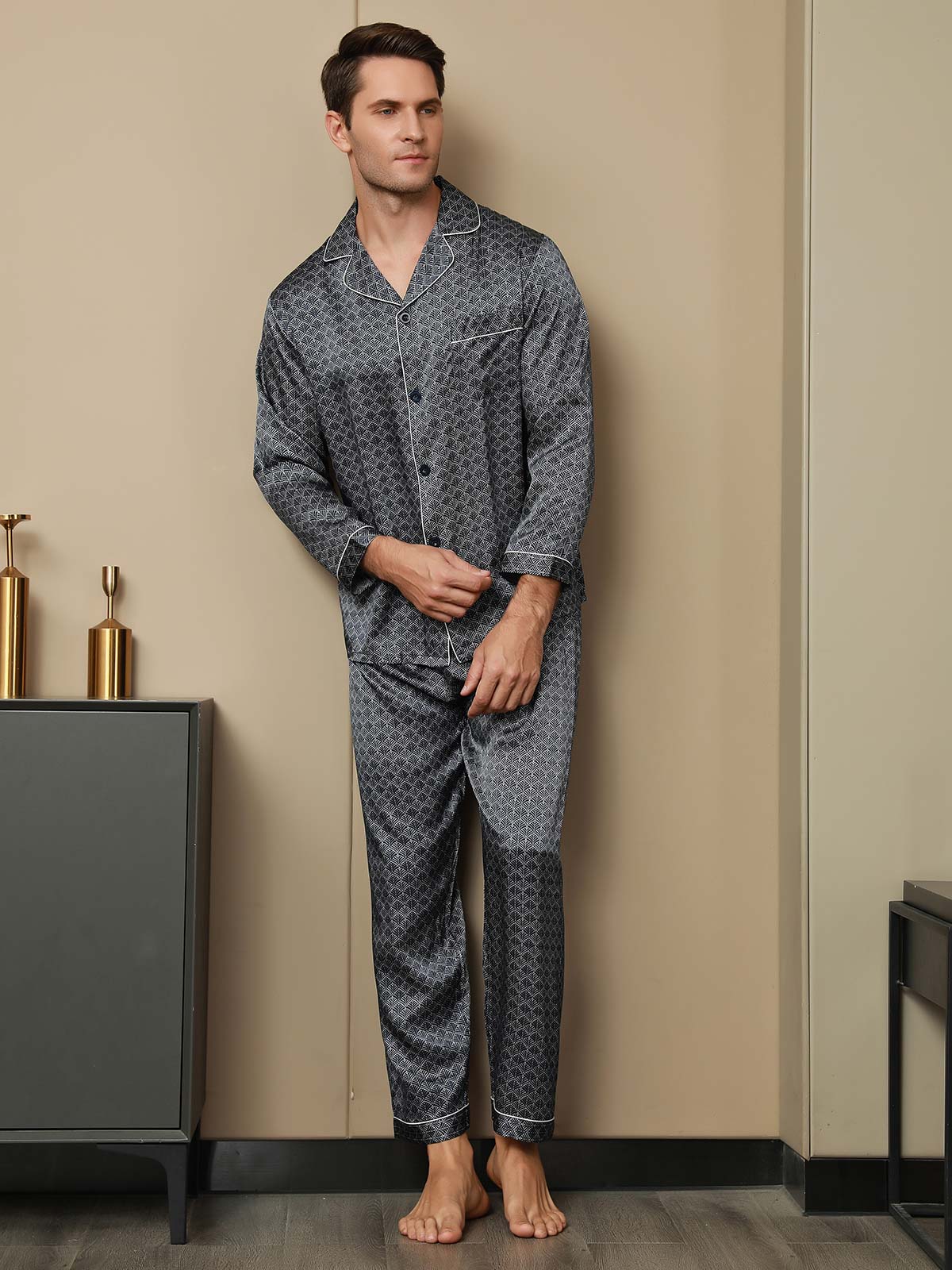Conjunto De Pijama Para Hombre De Seda Pura Con Estampado De Ginkgo Azul Marino Manga Larga Y Pantalones