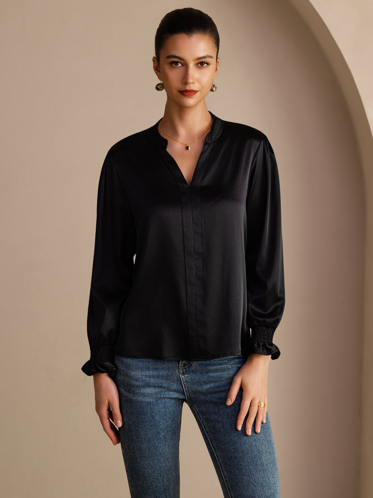 Blusa De Seda Mujer 19 Momme Con Escote Abierto Y Manga Larga