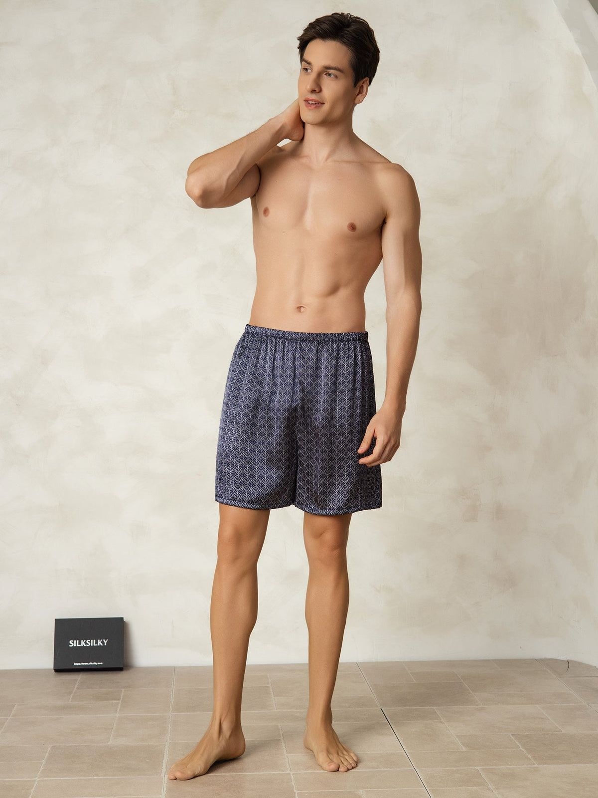 Pantalones Cortos De Dormir Para Hombre Pure Silk Ginkgo Azul Marino Estampado Cintura Elástica