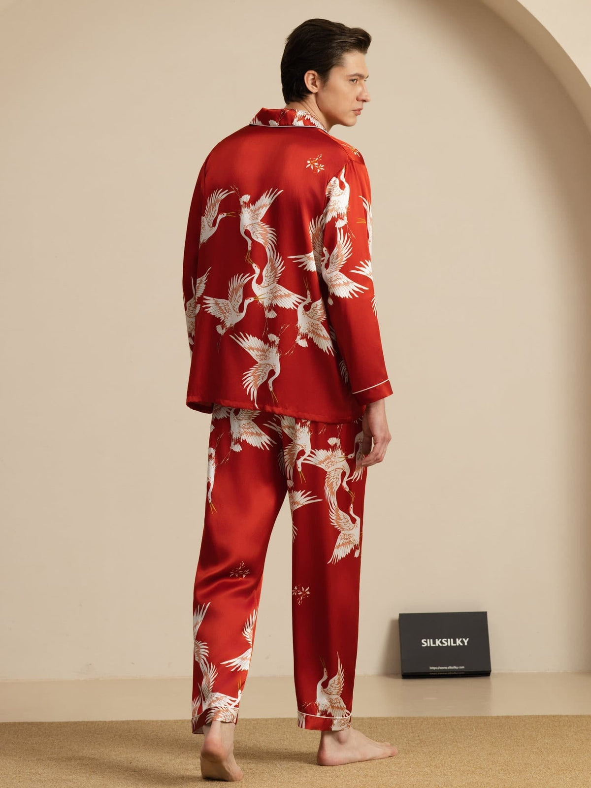 Conjunto de Pijamas para Hombre Estampado de Grúa Seda Pura 19Momme Manga Larga Cuello Notch