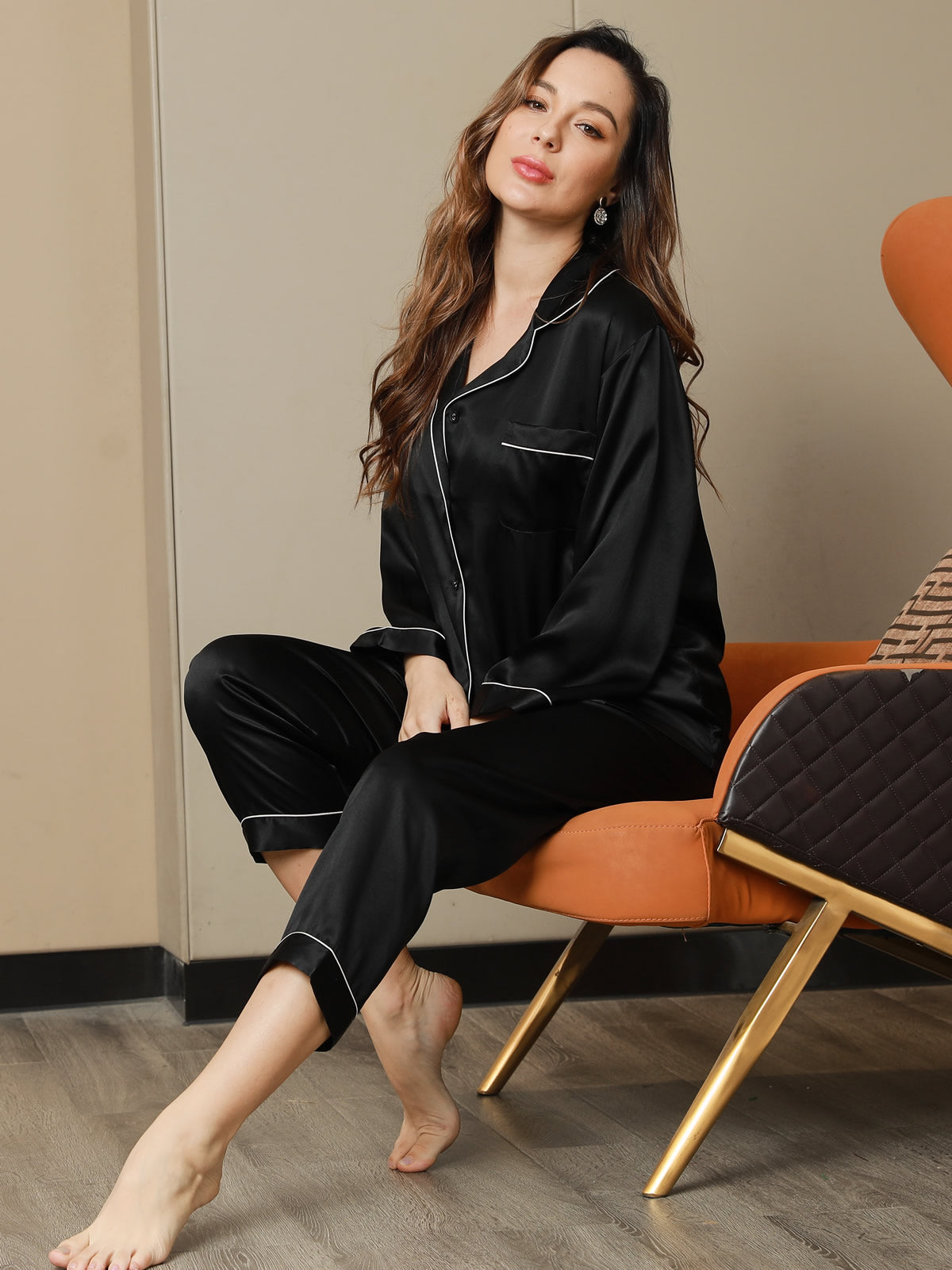 Conjunto De Pijamas De Seda Pura Con Cuello Con Muesca Y Botones